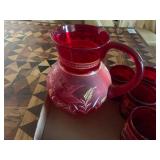 VINTAGE RED GLASS HAND BLOWN PTCHER AND GLASS SET