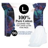 L. Ultra Thin Pads for Women, Overnight Absorbency, 100% Pure Cotton Top Layer, Unscented Pads with Wings, 96 CT (4 Packs of 24) (Packaging May Vary)