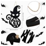 Halloween Door Hanger Black Boo Door Sign Decor Round Wood Hanging Sign Personalized Rustic Door Hanger Sign Wooden Halloween Wall Hanging Sign for Home Outdoor Indoor Decoration (Black Cat Style)