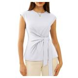 Summer Tops for Women 2024 Elegant Cap Sleeve Dressy Blouse Trendy Tie Front Work Business Basic T Shirt White M