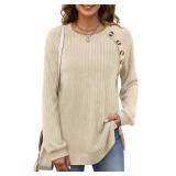 Bofell Long Sleeve Shirts for Women Fall Tunic Tops for Women Loose Fit Dressy with Leggings Soft Comfy Sweaters Beige L