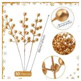 Censen 50 Pieces Artificial Holly Berry Stem Picks with Snowflake Frosted Christmas Tree Branches Fillers Ornaments Snowy Berry Twig Branches for Xmas Garland Wreath Winter Home Decor(Gold)