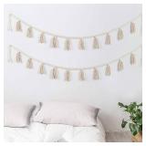 BlueMake 2 Pack Macrame Woven Tassel Garland Belly Basket Decorative Wall Hangings for Boho Home Decor,Nursey Room (Ivory B)