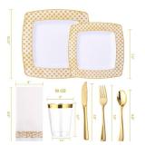 FOCUSLINE 175 Piece Gold Dinnerware Set for 25 Guests  Square Plastic Plates with Diamond  Including Disposable 25 Dinner Plates, 25 Dessert Plates, 25 Napkins, 25 Cups, 25 Silverware Set