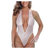 SHERRYLO Sheer Thong Swimsuit See Thru High Cut Bodysuit Plunging V Front Monokini Slutty One Piece Bathing Suit for Women White L/XL