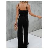 BLENCOT Sleeveless Velvet Jumpsuits For Women V Neck Spaghetti Straps Wide Leg Long Pants Dressy Rompers Winter Overalls Black Medium