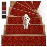 MATAHUM Non Slip Carper Stair Treads for Wooden Steps Indoor Self Adhesive Stair Rugs 8x30, Peel and Stick Stair Runners for Dogs, Kids, and Elder, 15PCS Red