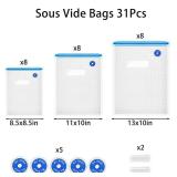 Sous Vide Bags 31Pcs, Reusable BPA Free Vacuum Sealer Bags Vacuum Food Storage Bags for Cooking/Food Storage/Microwave Heating   24Pcs Vacuum Zipper Bags & 2 Seal Clips & 5 Air Valves