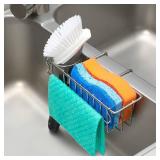 3 in 1 Sponge Holder for Kitchen Sink, Movable Brush Holder + Dish Cloth Hanger, Hanging Caddy, Small in Organizer Accessories Rack Basket, 304 Stainless Steel, Never Rust