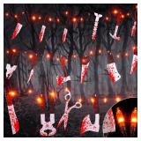 BlcTec Scary Halloween Decorations Props, 12 FT Halloween String Lights with 16 Fake Bloody Knives & 50 LED Orange Big Bulbs, 8 Modes Battery Operated Bloody Party Supplies for Halloween House Décor