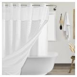 PANGSINNE No Hooks Shower Curtain with Snap in Liner, White Boho Fabric Tufted Chevron Striped Textured Shower Curtains for Bathroom, Water Repellent Hotel Quality Luxury Bath Curtain, 72Wx74H