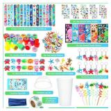 Poen 212 Pcs Under the Sea Party Favors Set Include Cup Straw Stamp Clap Bracelet Keychain Ring Puzzle Sticker Animal Miniature Card for Birthday Party Baby Shower Goody Bag Stuffer