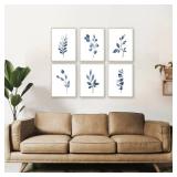 Navy Blue Botanical Wall Art Set of 6, Minimalist Abstract Botanical Prints Watercolor Blue White Leaf Plant Wall Decor Canvas Painting, Boho Floral Botanical Wall Decor for Bathroom, Bedroom, Living