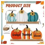 Purpeak Fall Decoration for Home Reversible Pumpkin Table Centerpiece Blue Pumpkin Blessed Grateful Thankful Tabletop Wooden Sign Farmhouse Vintage Thanksgiving Block Signs for Shelf Table Decor