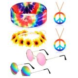 Frienda Hippie Costume Set, Hippie Sunglasses, Peace Sign Necklace and Tie Dye Headband for 60s 70s Accessories (Retro)