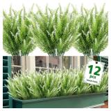 ZEOSTARO Artificial Lavender Flowers 12 Bundles Outdoor UV Resistant Fake Flowers No Fade Faux Plastic Plants Garden Porch Window Box Decorating (White)