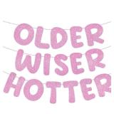 Fulmoon Set of 3 Pre Strung Older Wiser Hotter Glitter Banner Funny Birthday Banner for Women 30th 40th 50th 60th 70th 80th Birthday Party Decorations Birthday Sign Birthday Gift (Pink)