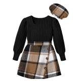 AGAPENG Girls Clothes Size 8 10 Girls Outfit Square Neck Black Puff Sleeve T Shirt Tops Brown Plaid Mini Skirt Sets Shorts Fall Dresses Winter Thanksgiving Outfits Cute Clothes for Girls 9 10