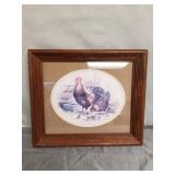 Vintage Rooster an hen w/ chicks wooden matted frame country farm house signed