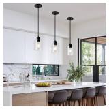 KLSS Modern Black Farmhouse Clear Glass Cylinder Pendant Light Fixture,Mini Pendant Lighting for Kitchen Island Decor - 4.75 Inch Shade, 2-58 Inch Cord (Black 3 Pack)