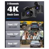 Dash Camera for Cars,4K Full UHD Car Camera Front Rear with 32GB Card,Built-in Super Night Vision,2.0