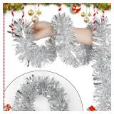 DECORA 33 Feet Silver Tinsel Garland, Christmas Metallic Hanging Tinsel Garland for Xmas Tree Home and Party Decoration