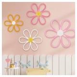 Ganeen Boho Nursery Decor Woven Daisy Flowers Daisy Wall Decor Daisy Nursery Decor Macrame Wall Hanging Nursery Decor for Girl Bohemian Home Bedroom Room Wall Art Flowers Set of 4 (6 Petals)