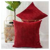 MERNETTE New Year/Christmas Decorations Corduroy Soft Decorative Square Throw Pillow Cover Cushion Covers Pillowcase, Home Decor for Party/Xmas 20x20 Inch/50x50 cm, Burgundy, Set of 2