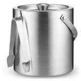 FineDine Double-Wall Stainless Steel Insulated Ice Bucket With Lid & Ice Tong [3 Liter] Included Strainer Keeps Ice Cold & Dry, Carry leather Handle, Home Bar, Chilling Beer, Champagne, Wine Bottle