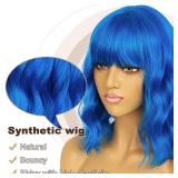 LANCAINI Short Bob Wavy Wig with Bangs for Women Loose Curly Shoulder Length Synthetic Cosplay Wig Bob for Girl Colorful Costume Wigs (Blue)