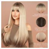 7JHH WIGS Long Straight Wig with Bangs 28in Ash Platinum Blonde Wig with Brown Roots and Brown Hair Tail Dye Natural Heat Resistant Fiber Synthetic Layered Highlight Wigs for Women Daily Party Used