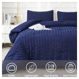 AveLom Seersucker Full Comforter Set (80x90 inches), 3 Pieces - 100% Soft Washed Microfiber Lightweight Comforter with 2 Pillowcases, All Season Down Alternative Comforter Set for Bedding, Navy