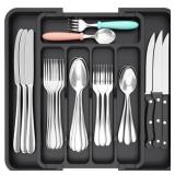 Lifewit Silverware Drawer Organizer, Expandable BPA Free Utensil Tray for Kitchen, Adjustable Flatware and Cutlery Holder for Spoons Forks Knives, Plastic Kitchen Organizers and Storage, Black