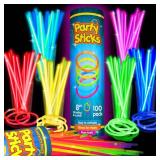 PartySticks 100 Ultra Bright Glow Sticks Bracelets and Necklaces - Premium Glow in the Dark Party Supplies and Decorations - Bulk 8" Glowsticks Party Favors Pack