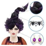 MUPUL Marry Sandesoon Wig Costume Purple Mixed Black Long Braid Witchâs Hat Shaped Halloween Costume Accessory Wigs Set for Women (Purple/Marry Set)