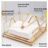 Gold 7UYUU Napkin Holder for Table, Metal Flat Napkin Holder Wood Base and Weight Arm, Elegant Paper Napkin Dispenser for Kitchen Counter