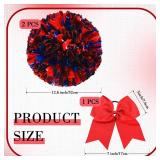 Hanaive 3 Pcs Cheerleading Pom Poms and Large Cheerleader Hair Bow Metallic Cheer Pom Poms for Team Spirit Sports Dance Cheering(Blue Mixed Red,Classic Style)