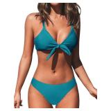 CUPSHE Bikini Set for Women Two Piece Swimsuit V Neck Knot Crisscross Low Waist Bathing Suit S, Teal Blue