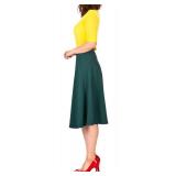 Everyday High Waist A-line Flared Skater Midi Skirt (XL, Deep Green)