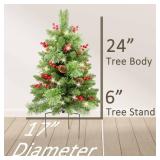 Christmas Tree 30 inch Prelit 2 Set Pathway Porch Christmas Trees Pre-Light LED Battery Operated Outdoor Xmas Decor for Entrance Driveway, Yard, Garden, Red Berries, Pine Cones