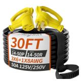 PlugSaf 30 FT 50 Amp RV/EV Extension Cord Outdoor with Grip Handle, 4 Prong Flexible Heavy Duty 6/3+8/1 Gauge STW RV Power Cord Waterproof, NEMA 14-50P to 14-50R, Black-Yellow, ETL Listed - Retail: $1