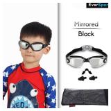 EverSport Kids Swim Goggles, Pack of 2 Swimming Goggles for Children Teens, Anti-Fog Anti-UV Youth Swim Glasses Leak Proof for Age4-16, Mirrored Blue & Black, Portable