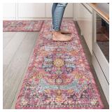 KIMODE Anti Fatigue Kitchen Mat, Cushioned Boho Kitchen Rugs Sets of 2, Non Slip Farmhouse Kitchen Mat for Floor, Waterproof Standing Desk Mat for Laundry, Office, Sink Fuchsia/Multi 17"x59"+17"x29"