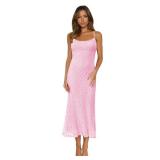 Sexy Bodycon Maxi Dress for Women Floral Boho Lace Wedding Guest Cocktail Party Dresses Spaghetti Strap Long Tight Y2K Bridal Shower Beach Sundress Going Out Date Night Dress Pink Small Size