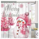 DYNH Christmas Shower Curtain, Cute Pink Snowman Christmas Tree Nature Forest Bathroom Shower Curtain Set, Pink Christmas Fabric Shower Curtains for Bathroom with Hooks,72X72IN