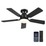 Ceiling Fans with Lights- 46" Low Profile Indoor Ceiling Fan with Light and Remote/APP Control, Flush Mount, LED Dimmable DC Reversible Modern Ceiling Fan for Bedroom Black - Retail: $94.97