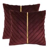 Tosleo Burgundy Velvet Throw Pillow Covers 16x16 inch Pack of 2 with Gold Leather Decorative Couch Pillow Cover Luxury Modern Pillowcases for Living Room Bedroom Sofa Cushion Bed