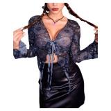 Avidlove Festival Tops Women Long Sleeve See Through Shirt Sheer Blouse V Neck Clubwear Long Sleeve Front Tie Cardigan M