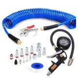 FYPower 18 Pieces Air Compressor Accessories kit, 1/4 inch x 25 ft Recoil Poly Air Compressor Hose Kit, 1/4" NPT Quick Connect Air Fittings, 100 PSI Tire Inflator Gauge, Heavy Duty Blow Gun