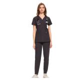 COZYFIT Medical Scrubs for Women Set   Curved V Neck Scrub Top & Jogger Pants with 8 Pockets   Dark Grey, L